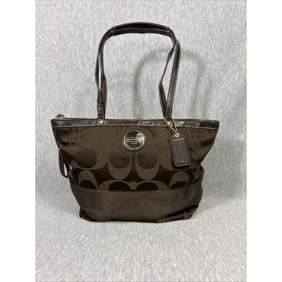 Coach Genuine Handbag Purse H1161-F18037 Signature Stripe Chocolate Brown Sateen - Picture 1 of 16